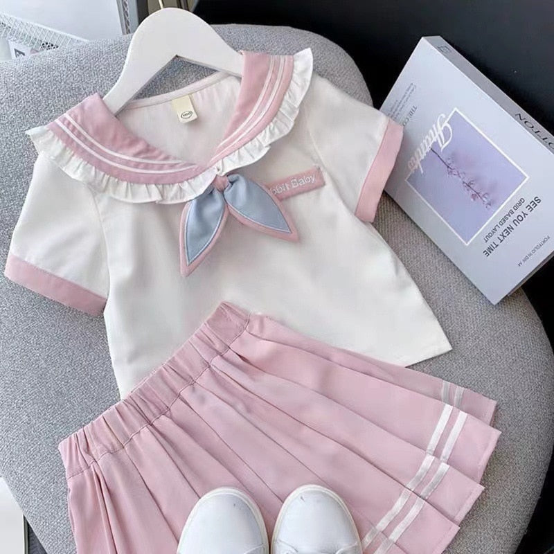 2PC Set Kawaii Girls Sailor Shirt and Skirt