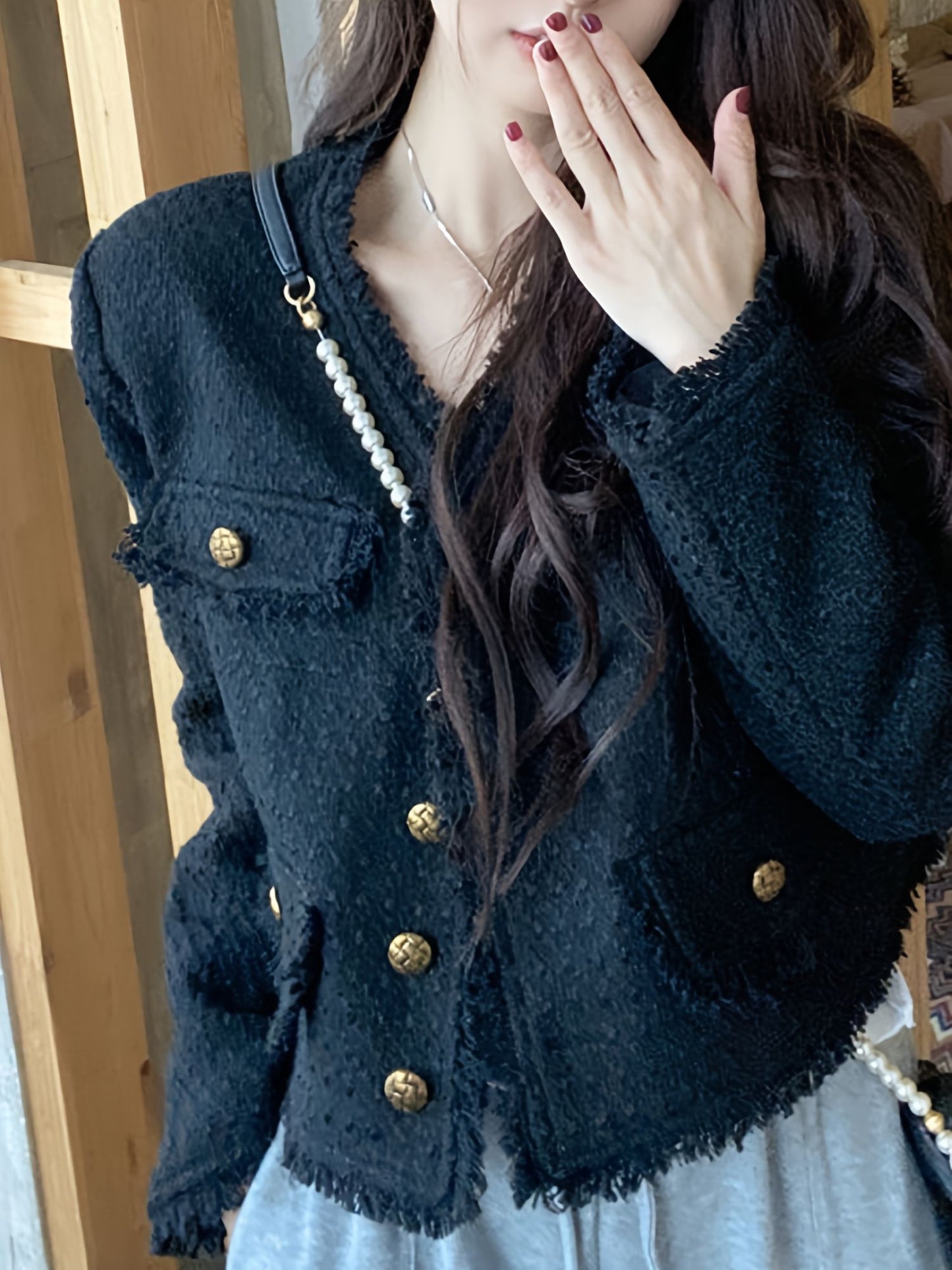 Loose Short V-neck Tassel Coat