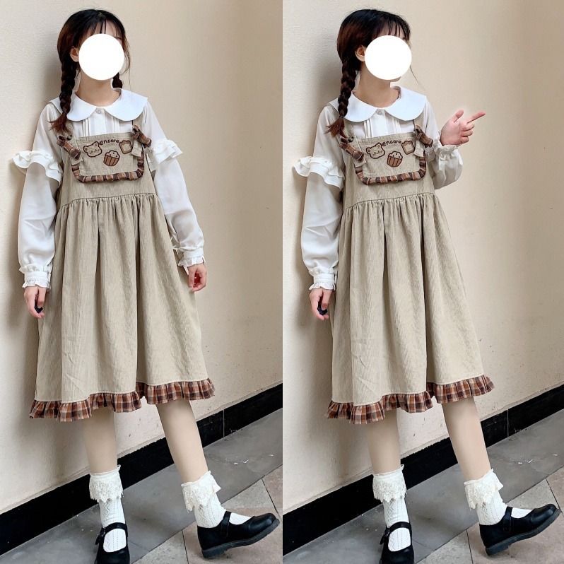 Kawaii Lolita Bear Corduroy Ruffle Overall Dress