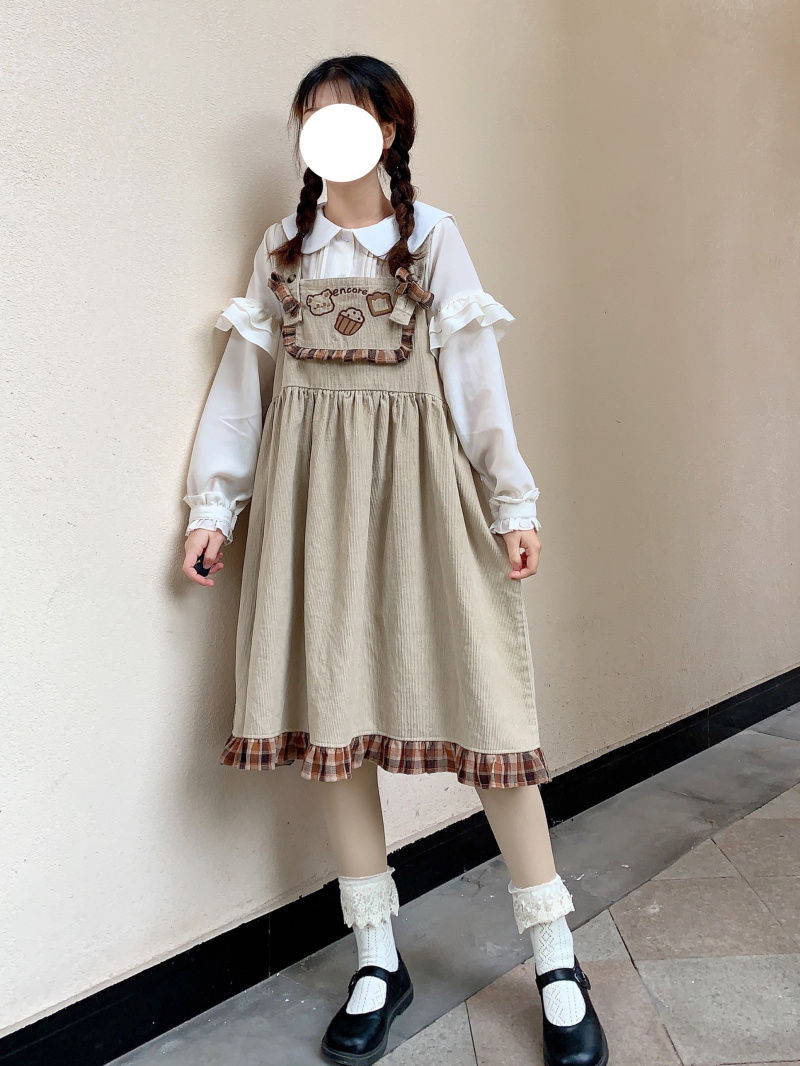 Kawaii Lolita Bear Corduroy Ruffle Overall Dress